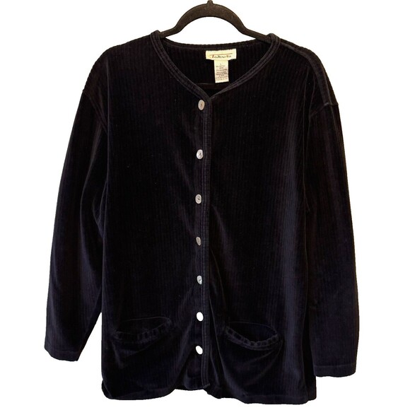 Talbots Jacket Black Velvet Large Button Up Long Sleeves Pockets Soft Ribbed - Picture 1 of 8